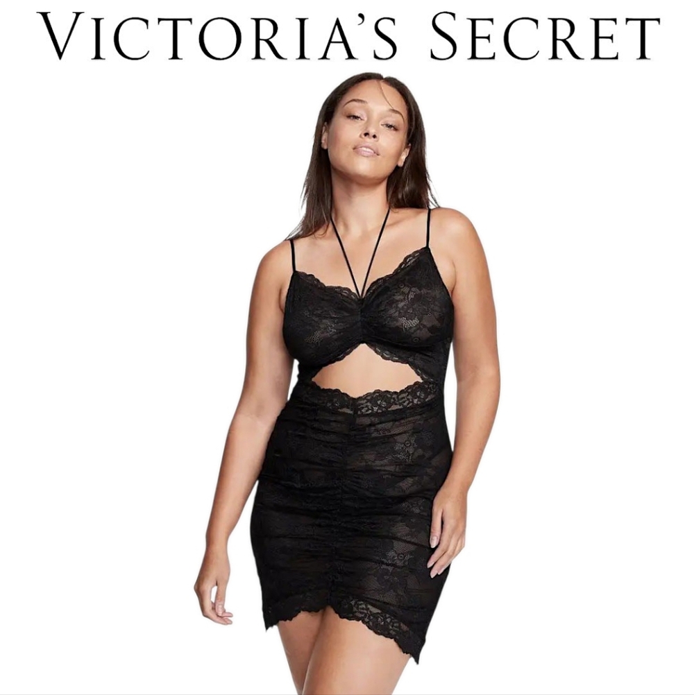 Victoria's Secret Medium Ruched Lace Cutout Chemise Black